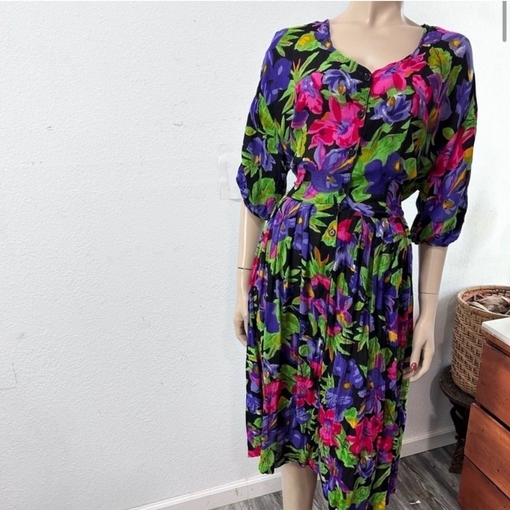 Jane Ashley Black Midi Dress with Bright Pink, Purple & Green Floral Print